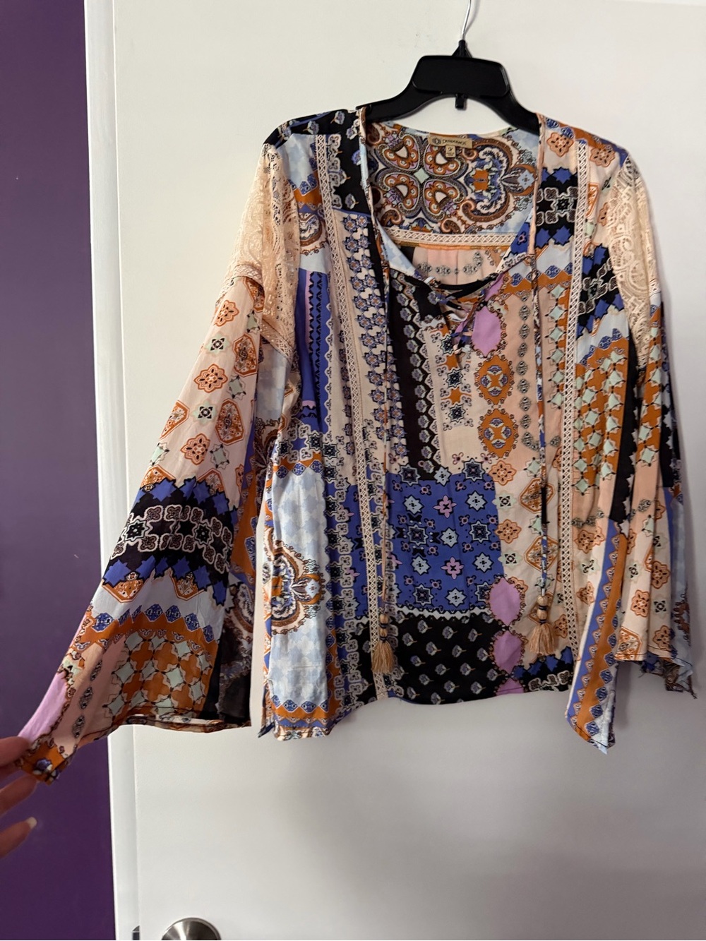 Democracy Mixed Patchwork Boho Blouse in Peach, Blue & Black